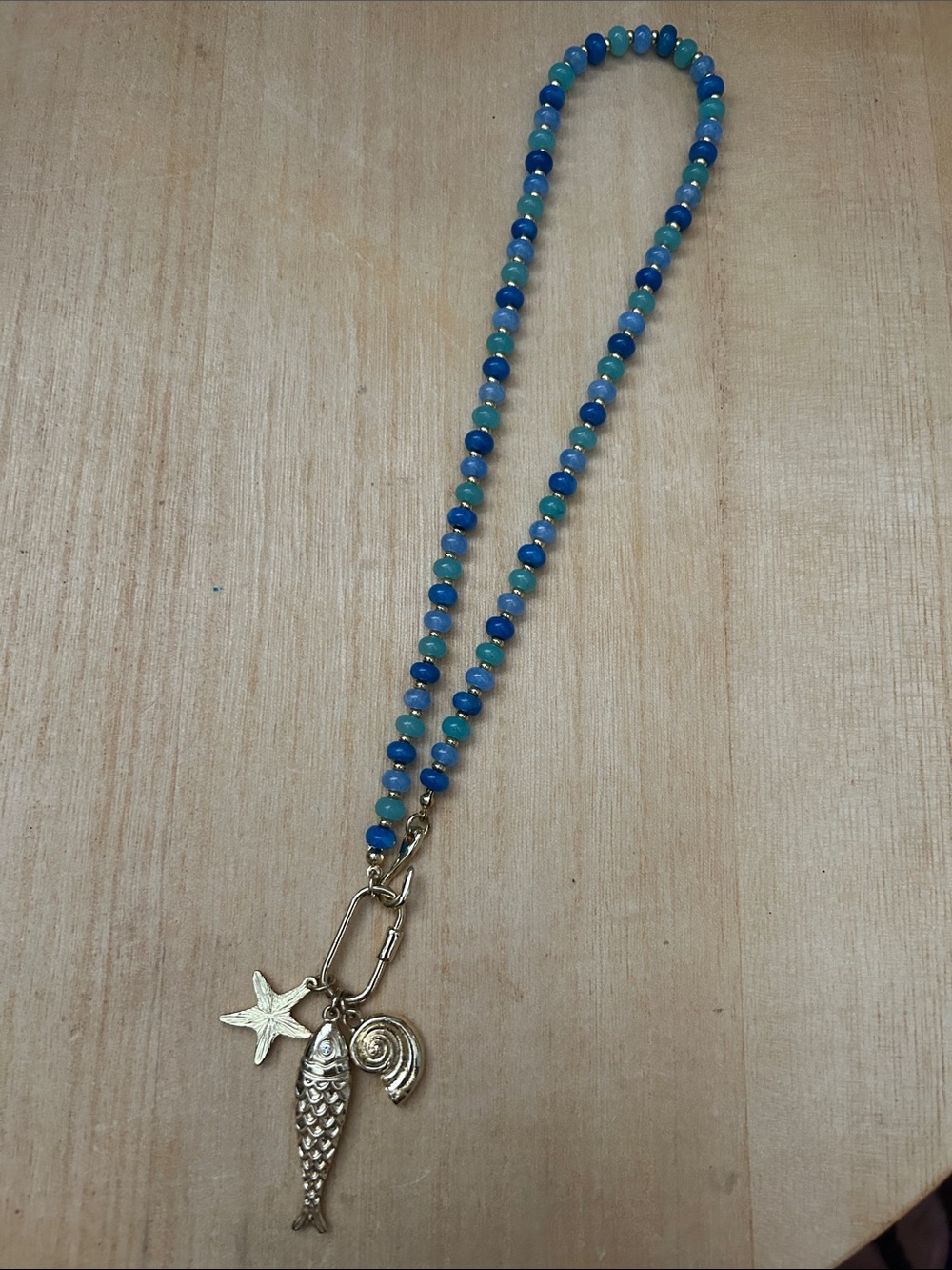 Source Unknown Blue and Aqua Beaded Necklace with Gold Sea Charms
